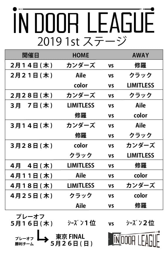 indoor league 2019 1stシーズン　スケジュール