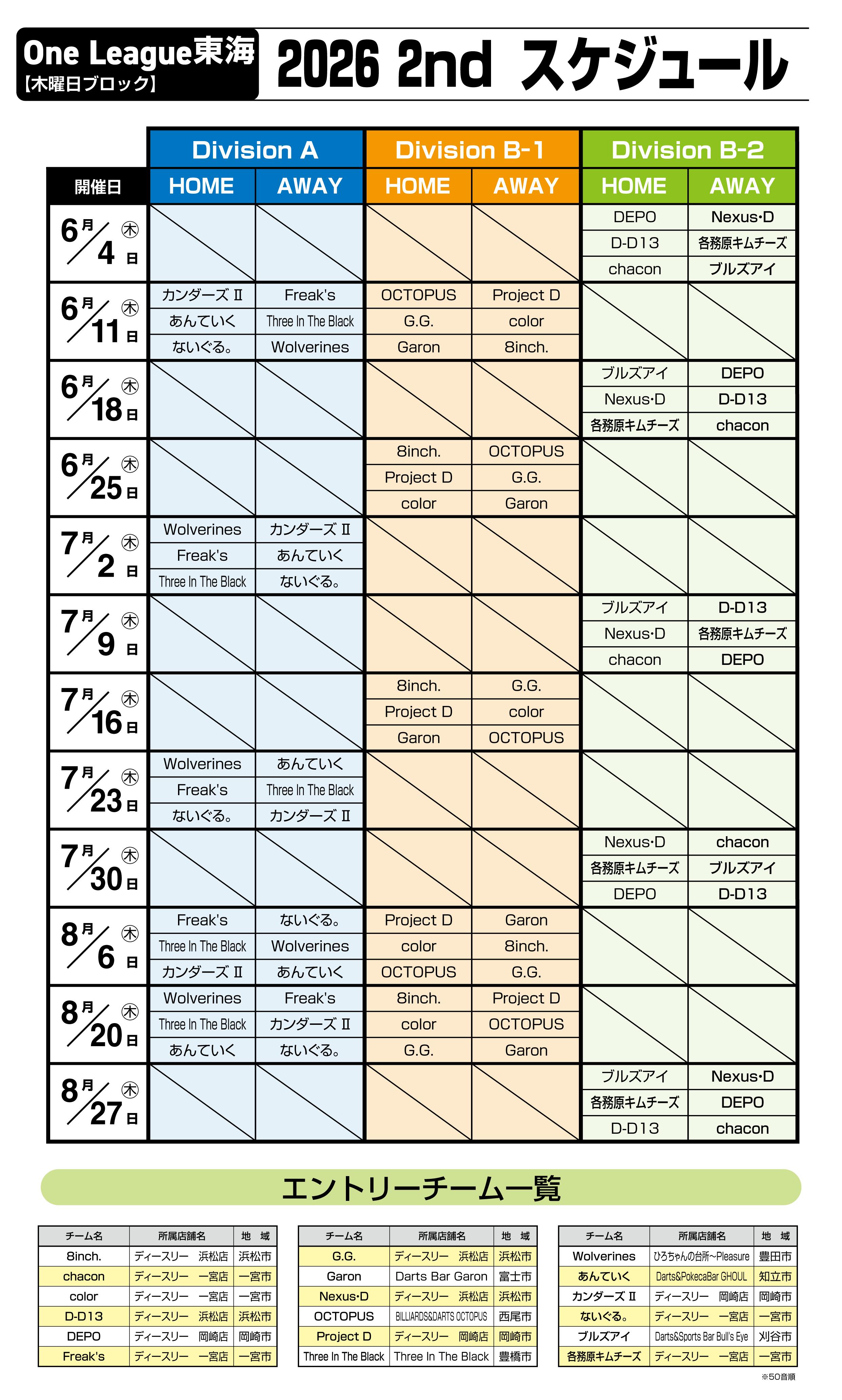 One league 東海 2026 2ndシーズン　スケジュール